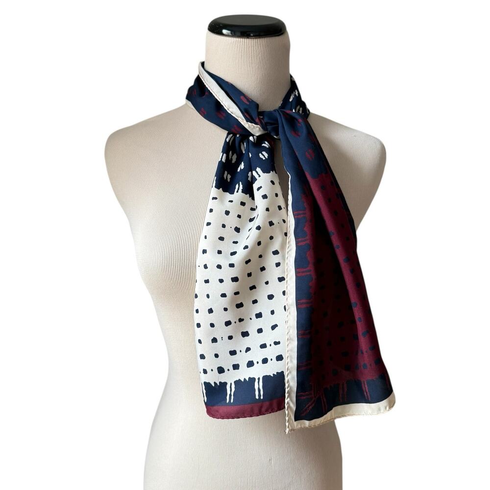 Vintage 1950s Vera Satin Scarf Rectangular Japan Blue Burgundy Cream Geometric